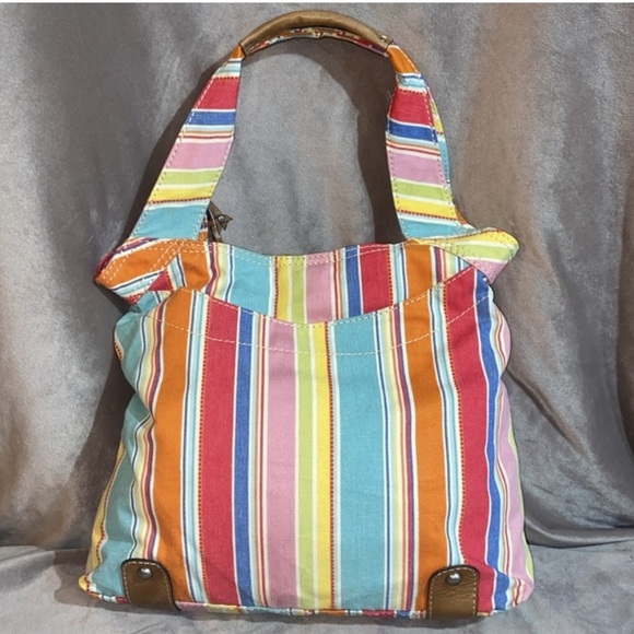 Vintage Fossil Handbag Tote Hobo Canvas Leather Trim Colorful Stripes ๐ - Picture 2 of 16